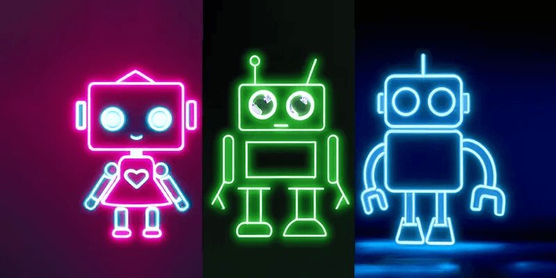 Neon-style robots: pink, green, and blue futuristic characters